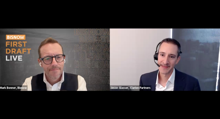 Two men in a virtual meeting, one with glasses and earphones, the other wearing a headset. Text: "BISNOW FIRST DRAFT LIVE."