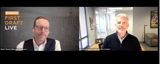 Two men participating in a virtual event called "Bisnow First Draft Live," each in separate office settings.