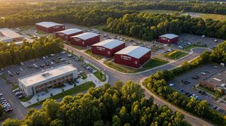 Aerial view of a film studio complex with multiple red warehouse-like buildings surrounded by parking lots and lush green trees.