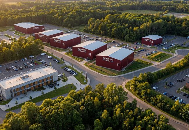 Aerial view of a film studio complex with multiple red warehouse-like buildings surrounded by parking lots and lush green trees.