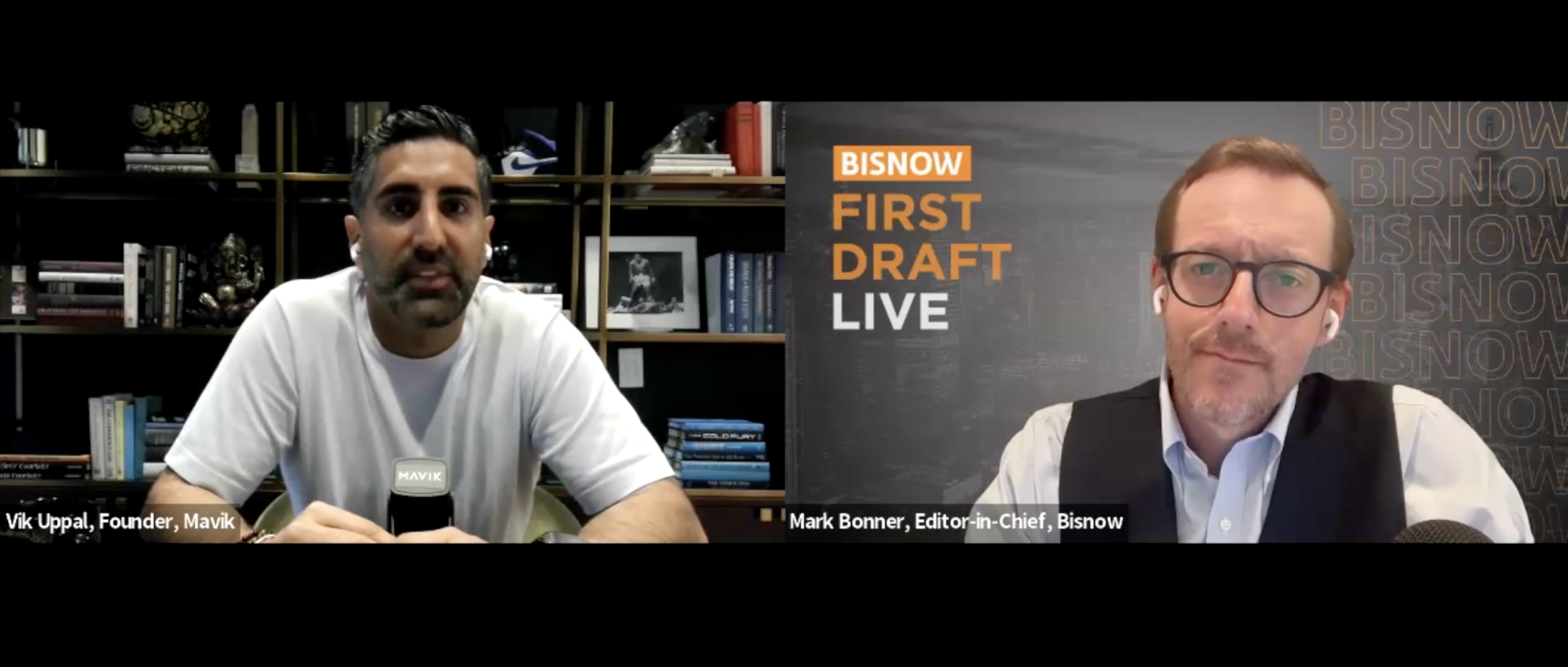 Two men in a virtual conference, one with books behind him, the other in front of a "BISNOW First Draft Live" sign.
