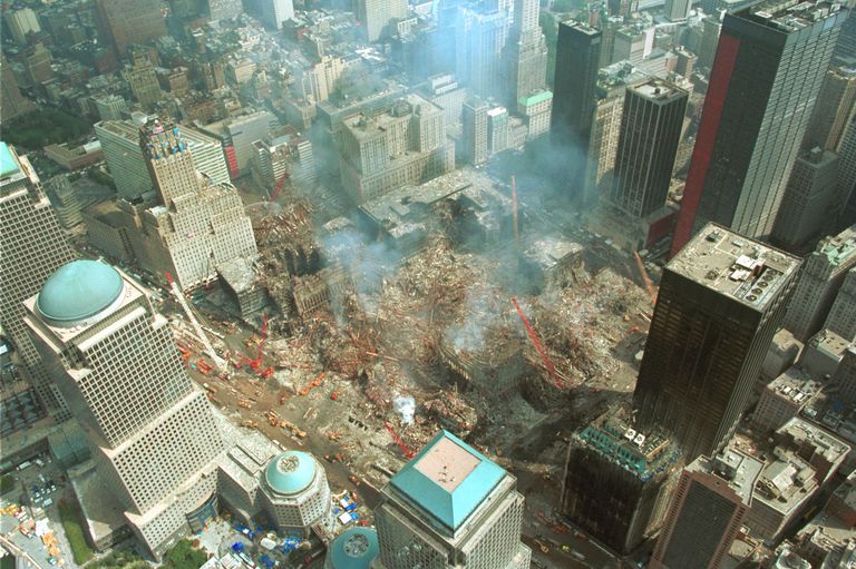 An aerial view of ground zero following the 9/11 terrorist attacks