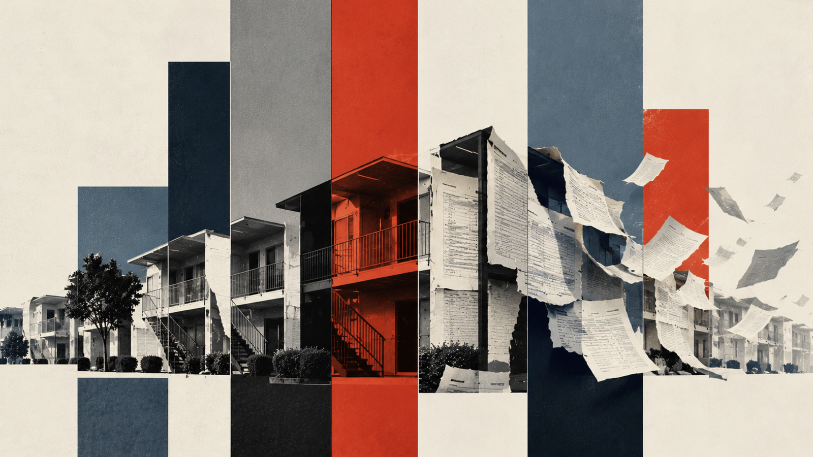 Abstract collage of an apartment building with bold vertical stripes and documents flying in the air, blending architecture and paperwork.