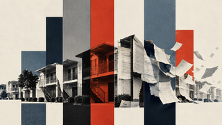 Abstract collage of an apartment building with bold vertical stripes and documents flying in the air, blending architecture and paperwork.