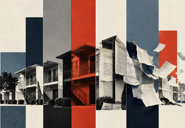 Abstract collage of an apartment building with bold vertical stripes and documents flying in the air, blending architecture and paperwork.
