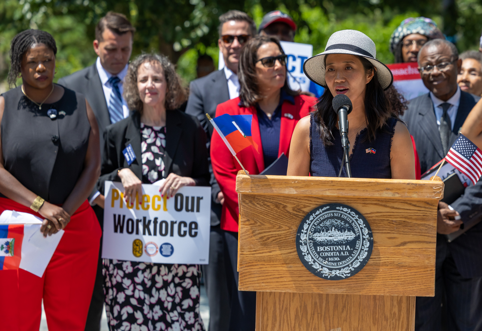 Boston Mayor Michelle Wu speaking at a rally about the Temporary Status Protection ruling.