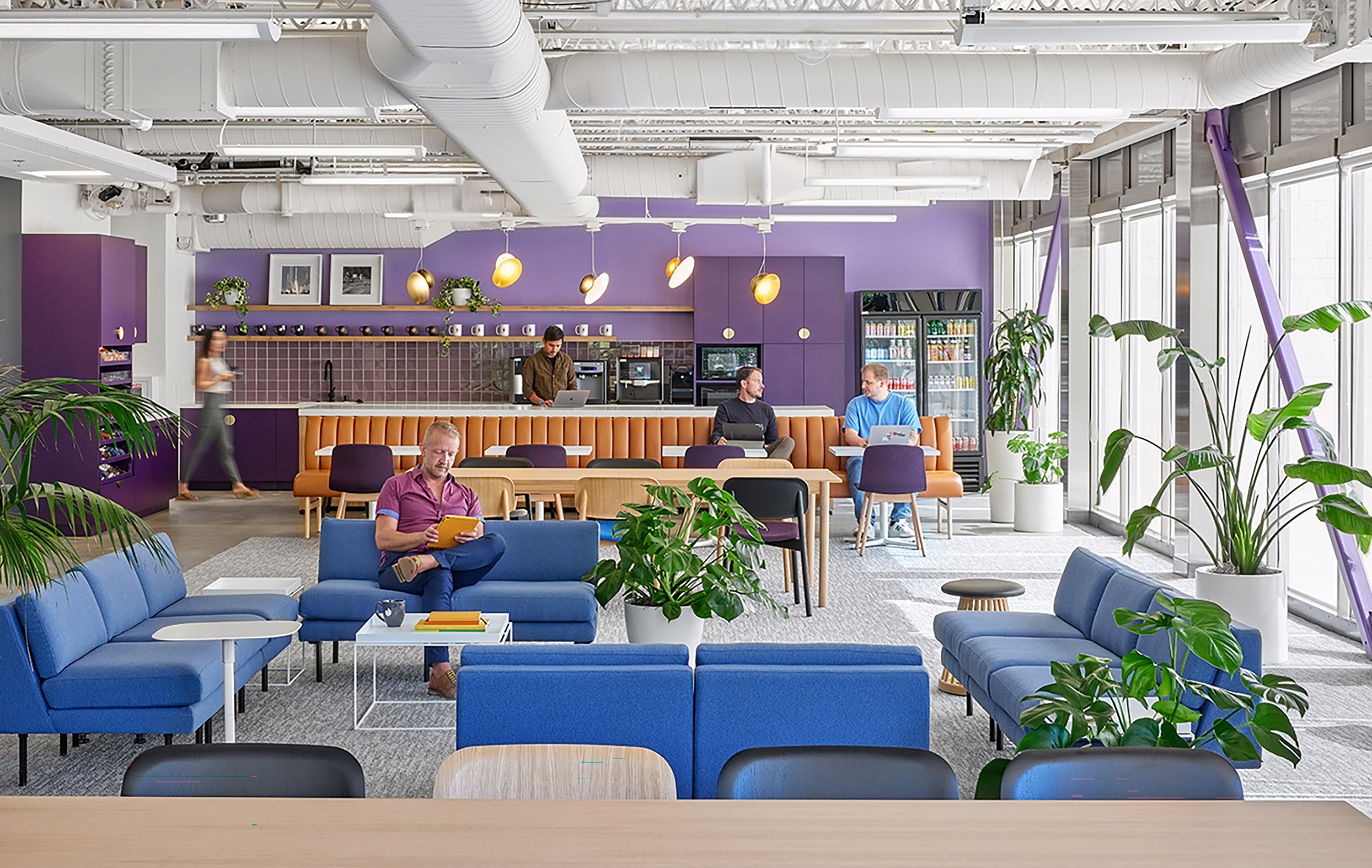Modern office lounge with blue sofas, indoor plants, people working on laptops, and a kitchenette featuring purple accents and hanging lights.