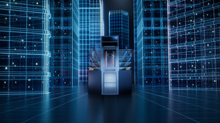 An image showing the inside of a data center, with grids and lights