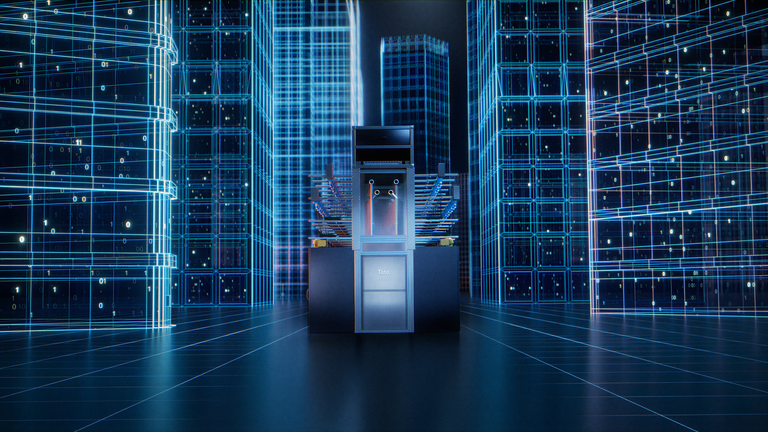 An image showing the inside of a data center, with grids and lights