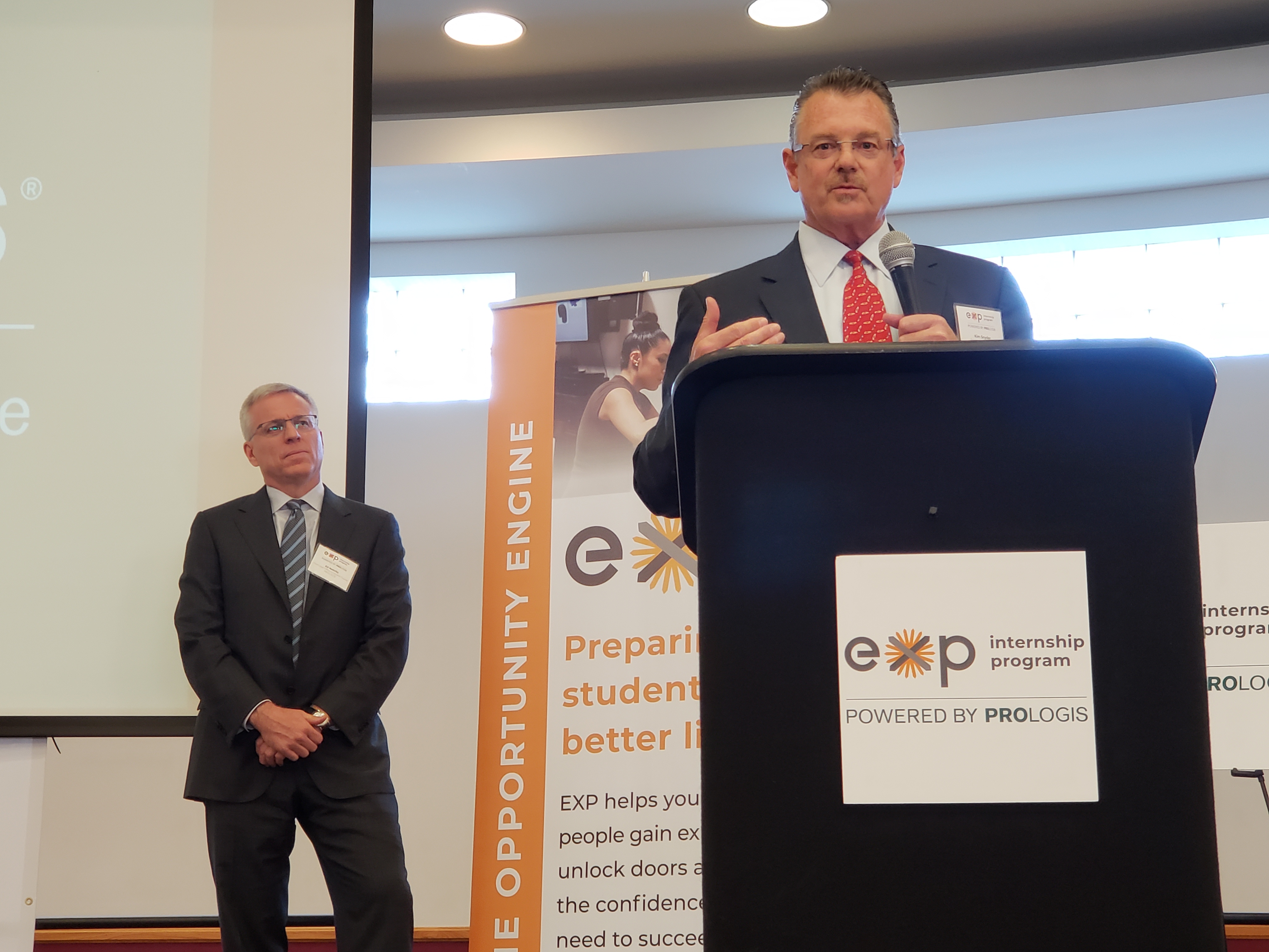 Prologis President of the West Region Kim Snyder speaks to a crowd of high school kids and their parents during the launching of Prologis and nonprofit EXP the "EXP Internship Program: Powered by Prologis." 