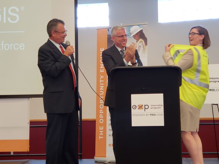 Prologis President West Region Kim Snyder, Prologis Chief Legal Officer Ed Nekritz and EXP Chief Executive Officer Amy Grat during the launching of Prologis' Community Workforce Initiative in Carson, Calif.