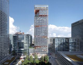 A modern cityscape with a tall, sleek skyscraper featuring curved balconies and adjacent contemporary glass buildings under a clear blue sky.