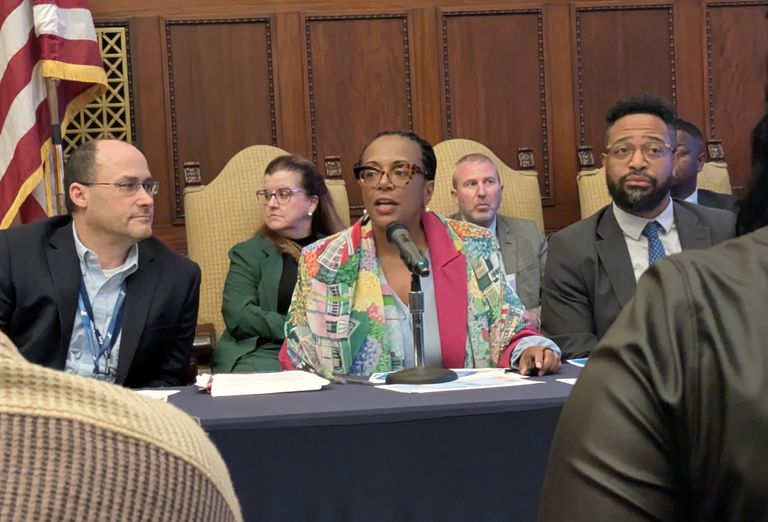 A group of five people seated at a panel discussion, with one person speaking into a microphone. An American flag and wood paneling in the background.
