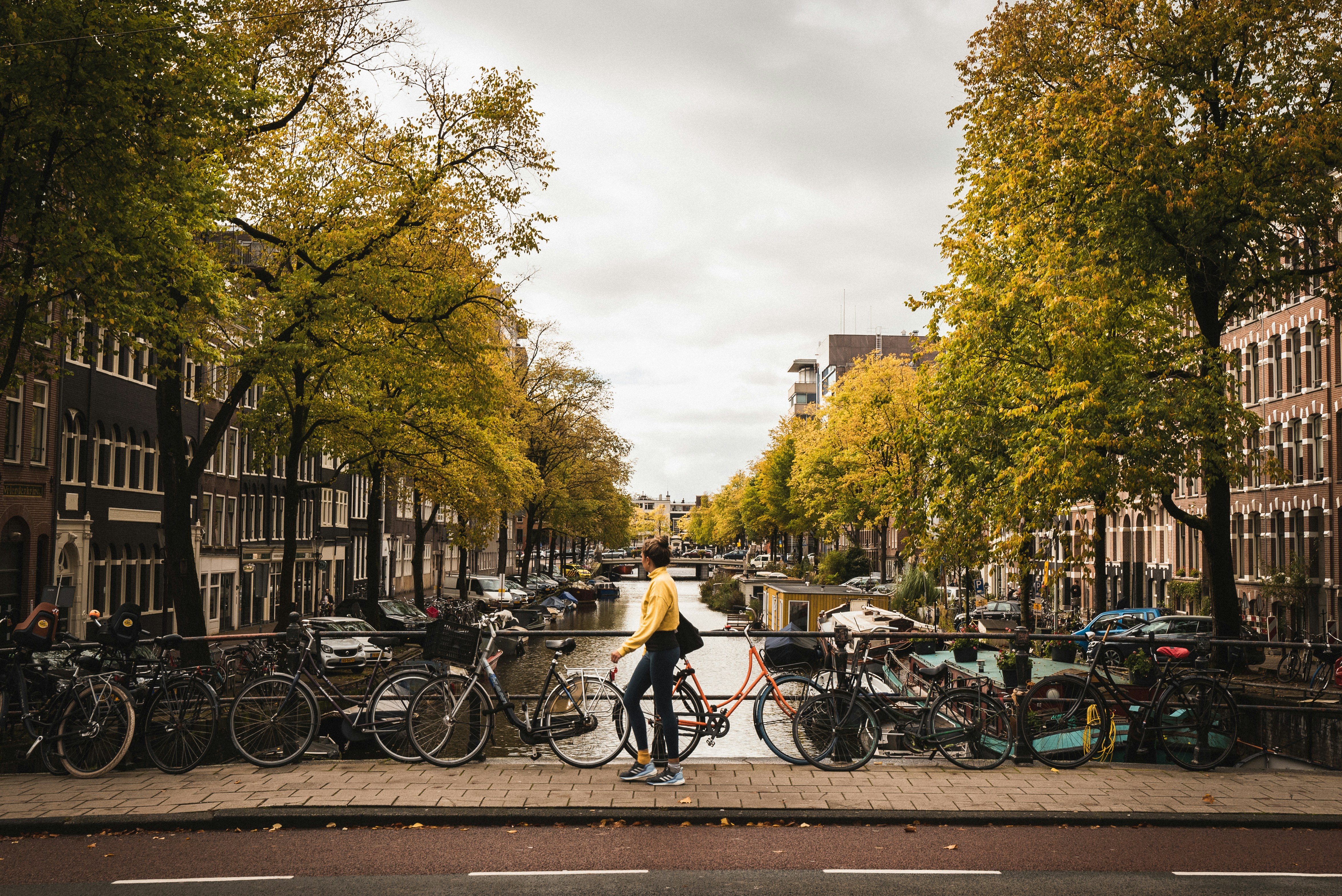 Person in a yellow jacket walking with a bicycle along a canal in Amsterdam, surrounded by autumn trees and parked bicycles.