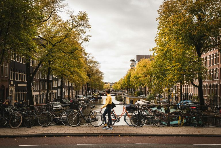 Person in a yellow jacket walking with a bicycle along a canal in Amsterdam, surrounded by autumn trees and parked bicycles.