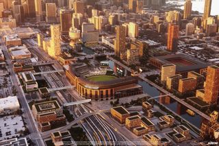 A rendering of the new White Sox stadium with the city skyline as a backdrop.