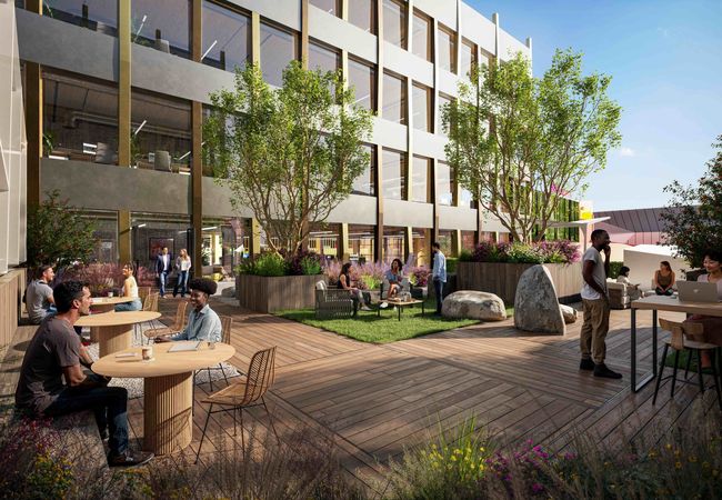 A rendering of the exterior of the Weave, the mass timber office under construction in Anaheim, California as part of OCVIBE.
