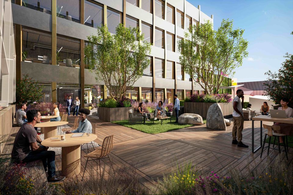 A rendering of the exterior of the Weave, the mass timber office under construction in Anaheim, California as part of OCVIBE.