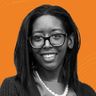 A woman with glasses and a pearl necklace smiles, set against an orange background with wavy lines.