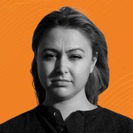A woman gazes seriously at the camera, set against an orange background with subtle wave patterns.