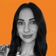 A black and white portrait of a woman with long dark hair, against an orange background with subtle wave patterns.