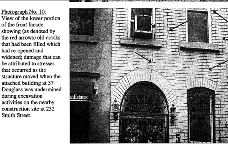 An image of a building that damaged during the construction of 232-40 Smith St., as included in a lawsuit against Louis Greco