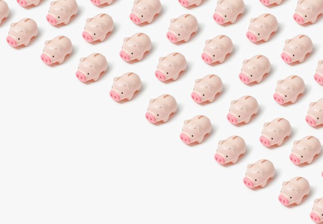 Rows of small, pink piggy banks arranged diagonally on a white background.
