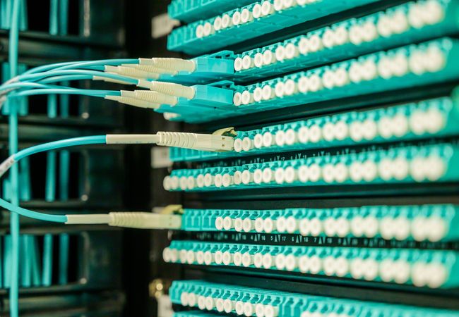 Rows of turquoise network cables plugged into a patch panel in a data center.