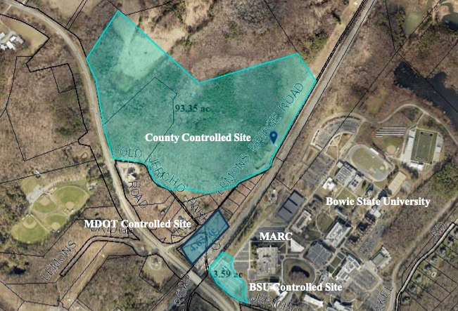 In the center: the 93-acre county-controlled site, which sits above the Maryland-owned parcel bordered in dark blue.