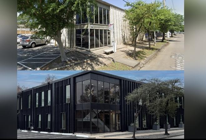 Before and after image of a renovated building at 2120 Montrose Blvd. in Houston.