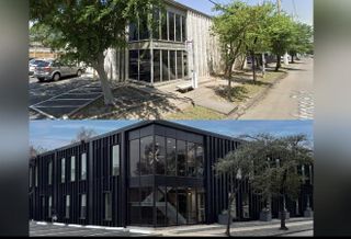 Before and after image of a renovated building at 2120 Montrose Blvd. in Houston.
