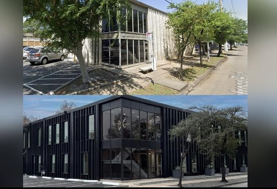 Before and after image of a renovated building at 2120 Montrose Blvd. in Houston.