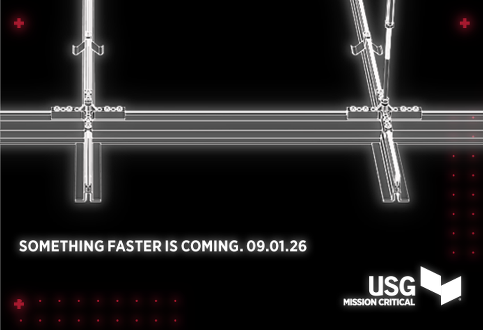 Abstract black and white image showing mechanical components with text: "Something Faster is Coming. 09.01.26. USG Mission Critical."