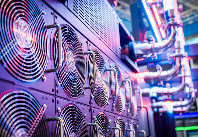 Close-up view of multiple cooling fans and metallic pipes with neon lighting in a data center or industrial setting.