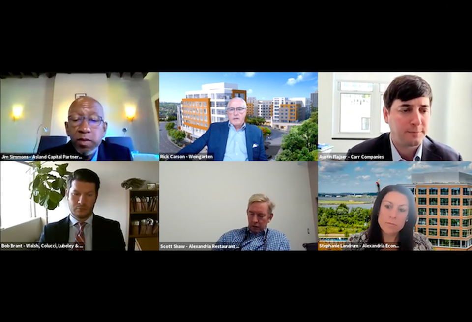 Clockwise from top left: Asland Capital Partners' Jim Simmons, Wengarten's Rick Carson, Carr Cos.' Austin Flajser, AEDP's Stephanie Landrum, Alexandria Restaurant Partners' Scott Shaw and Walsh, Colucci's Bob Brant