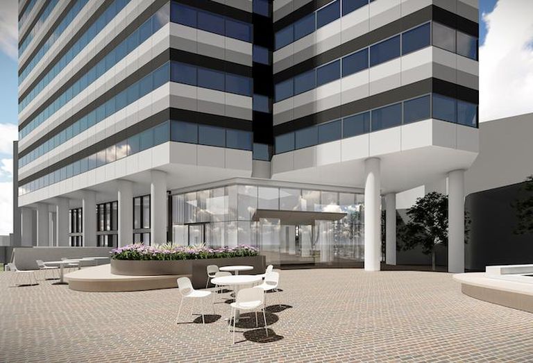 A rendering of the renovated lobby entrance and courtyard at the 7500 Old Georgetown Road building in Bethesda.