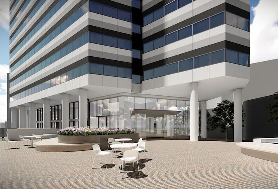 A rendering of the renovated lobby entrance and courtyard at the 7500 Old Georgetown Road building in Bethesda.