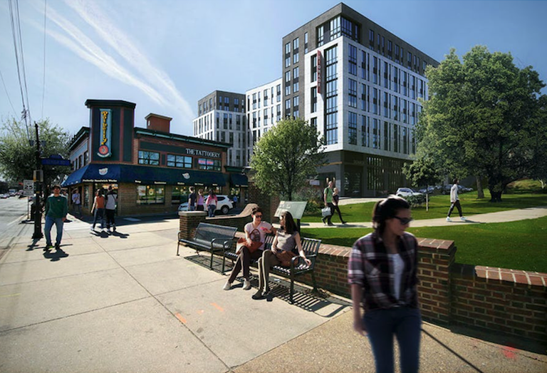 A rendering of Greystar's College Park project, seen from the southwest corner of the University of Maryland campus.