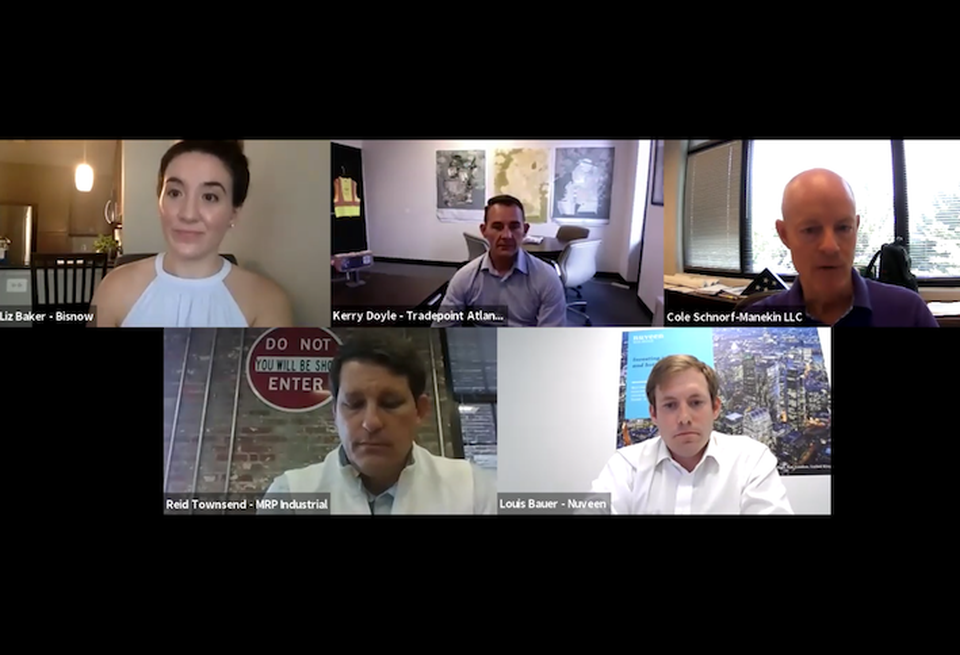 Clockwise from top left: Bisnow's Liz Baker, Tradepoint Atlantic's Kerry Doyle, Manekin's Cole Schnorf, Nuveen's Louis Bauer and MRP Industrial's Reid Townsend.