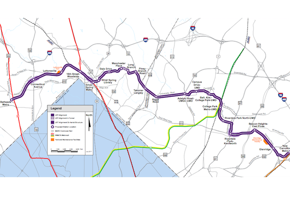 A map of the future Purple Line, connecting Bethesda, Silver Spring, College Park and New Carrollton.