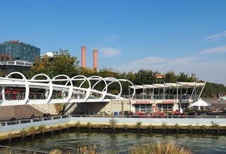 The Yards' walking bridge leads to the Nicoletta Pizzeria and Due South