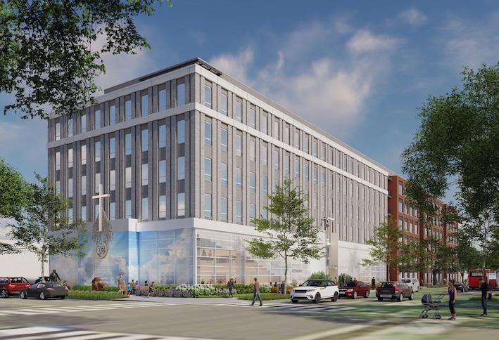 A rendering of Foulger-Pratt's project at 60 Eye St. SW, featuring 197 apartments and a ground-floor church. 
