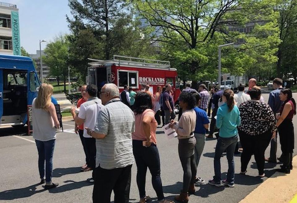 Food trucks at the Tysons International Plaza complex, arranged through the Curbside Kitchen service