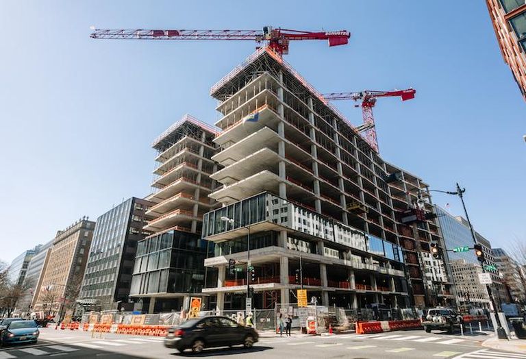 Skanska's under-construction building at 1700 M St. NW, where it signed law firm Gibson Dunn, photographed in February. 