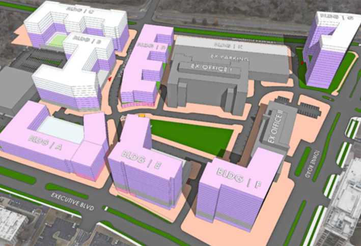 A rendering of the 2.5M SF development planned at the intersection of Montrose Parkway and Towne Road. 