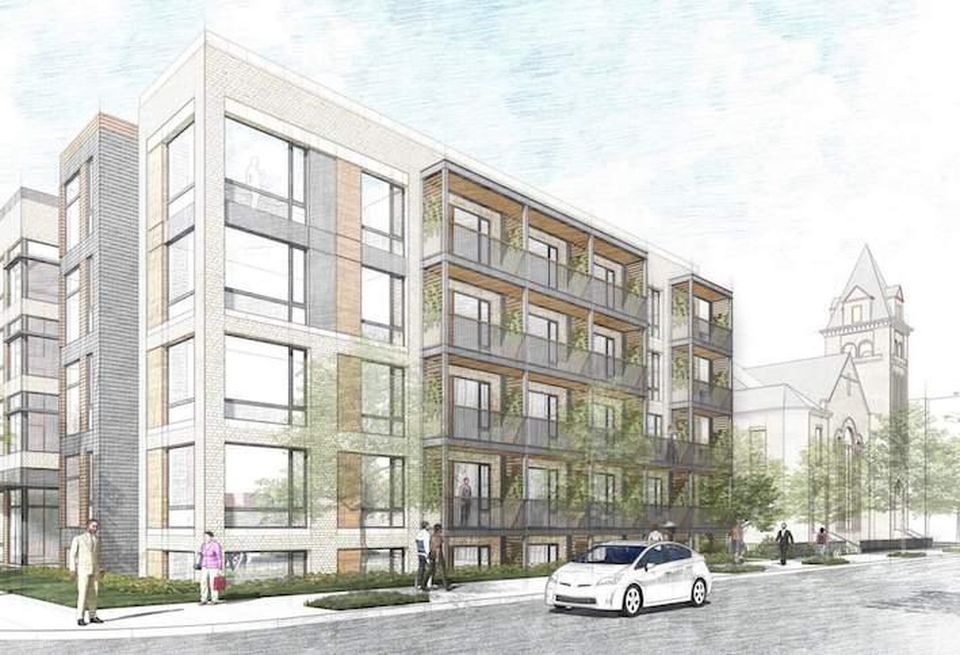 A rendering of the 45-unit project Gragg Cardona Partners plans on a property owned by the adjacent New Bethany Baptist Church.