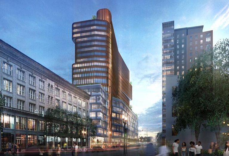 A rendering of the Peebles Corp. and Genesis Cos. project, seen from Kneeland Street. 