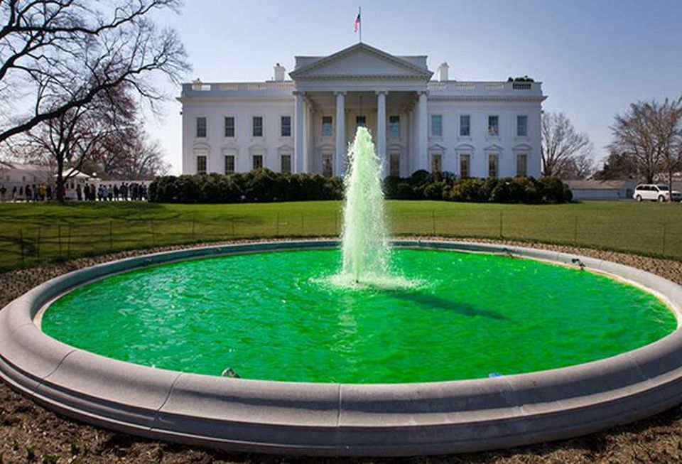 The White House fountain dyed green for St. Patrick's Day