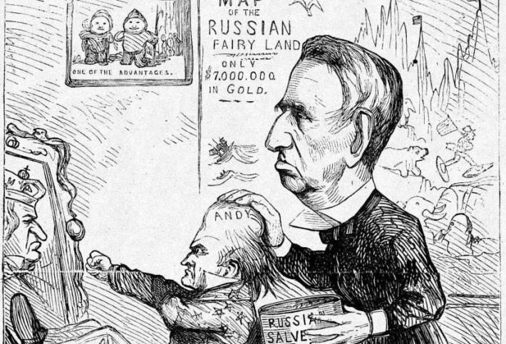 The purchase of Alaska in the late 1860s was widely derided, such as in this Thomas Nast cartoon depicting Secretary of State William Henry Seward manipulating President Andrew Johnson into paying Russia $7M for Alaska, which was considered worthless. Nast on Alaska