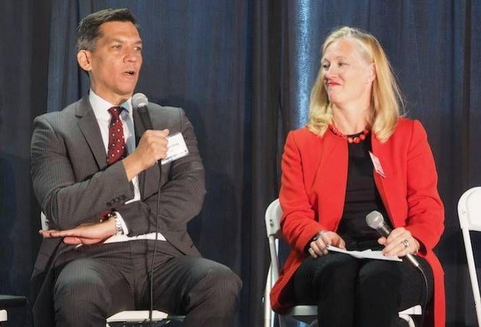 Former GSA Public Buildings Commissioner Norman Dong with Lincoln Property Co.'s Elaine Clancy at a Bisnow event.